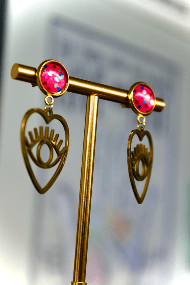 BO Amour et protection dorées - Coeur en fête (magenta paillettes bleues, roses et argentées)