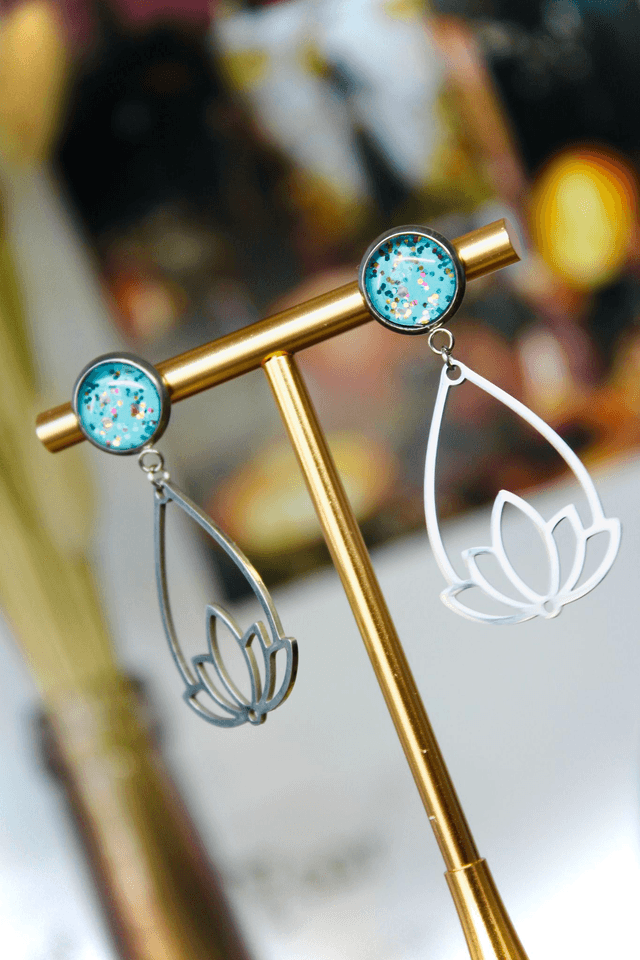 BO Lotus argentées - Lagon céleste (bleu turquoise et paillettes dorées)